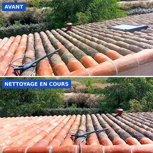 Démoussage en cours — chantier MCT Couverture